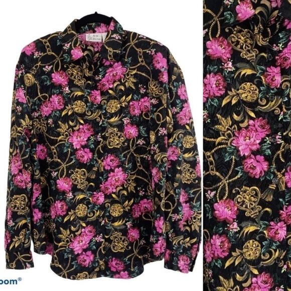 Vintage Black Pink Floral Button Down Shirt Light - Picture 1 of 7